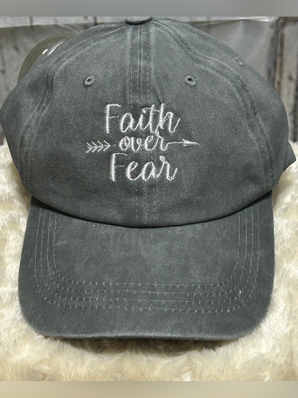 “Faith Over Fear ” Embroidered Baseball Cap Hat • Grey • Buckle Adjustment.